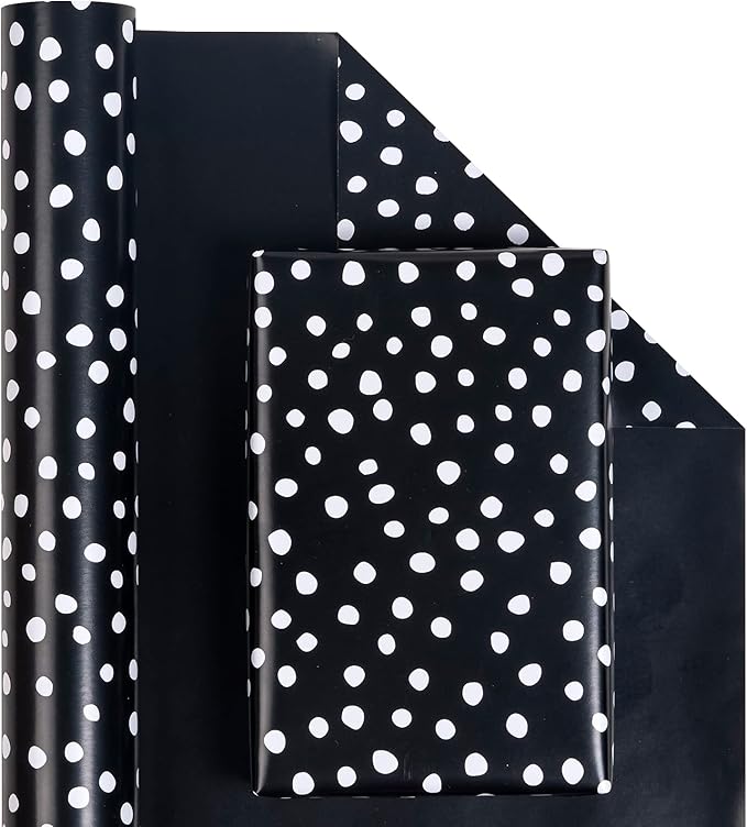 WRAPAHOLIC Reversible Wrapping Paper - Mini Roll - 17 Inch X 33 Feet - Black and Delicate Polka Dots Design for Birthday, Holiday, Wedding, Baby Shower