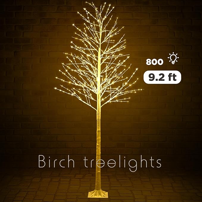 Baquler 1 Pack Lighted Birch Tree - Large Christmas Warm-White LED 8 Mode Light Birch Tree Decoration Set for Thanksgiving Holiday Fall Winter Party Decor, Indoor & Outdoor (9.2 ft)
