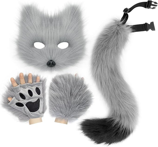 HAOAN Furry Fox Mask Wolf Fox Tail and Paw Gloves Set Adult Cat Halloween Mask Cosplay Animal Party Costume