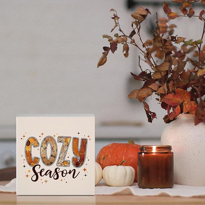 Cozy Season Fall Decor for Home Funny Fall Decorations Vintage Autumn Decor Cute Autumn Pumpkin Decorations for Desk Table 5 x 5 inches