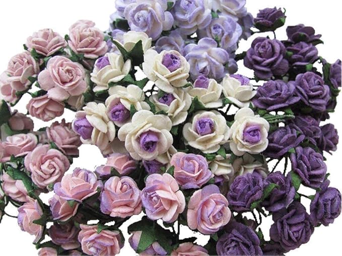 Handmade 100 pcs Mini Mulberry Paper Roses 18 mm Mulberry Paper Flowers Scrapbooking Wedding DIY Craft. (Mixed Purple)