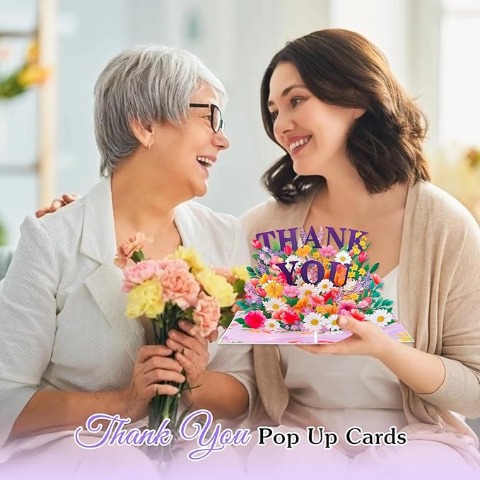 Pop Up Thank You Cards - 3D Paper Flowers Thank You Pop Up Cards with Envelope for Mom Dad Women Men Nurses Teachers Day Appreciation Gift
