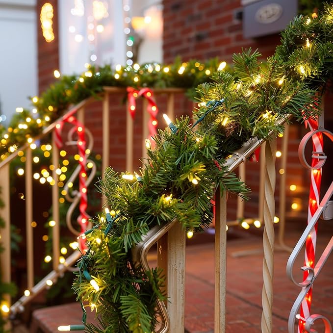 Christmas Garland with Prelit 9ft with 50 Warm White Lights, Pulg in, Green PVC Mixed PE for Indoor Holiday Door Home Decorations Stairs Fireplaces Wall