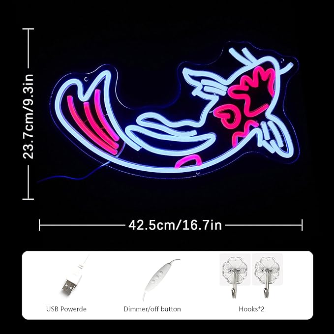 Koi Fish Neon Sign Koi Carp Neon Lights Signs Japanese Fish Led Neon Blue Red Lucky Fish Neon Signs for Wall Decor 17”x9.5”with USB/Switch Dimmable Neon Light Signs for Bar, Restaurant, Office, Fishroom,Koi Pond