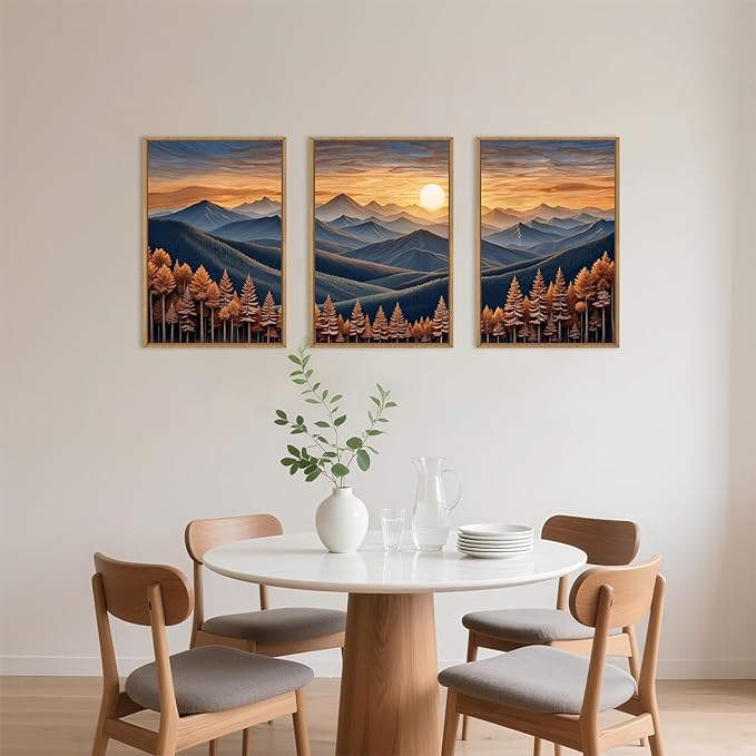 HOURIA Large Woodland Mountain Sunset Framed Canvas Wall Art Set,Wilderness Wooden Forest Landscape Wall Decor,Nature Botanical Artwork,Boho Pine Tree Art Print for Living Room,Bedroom- 16"x24"x3