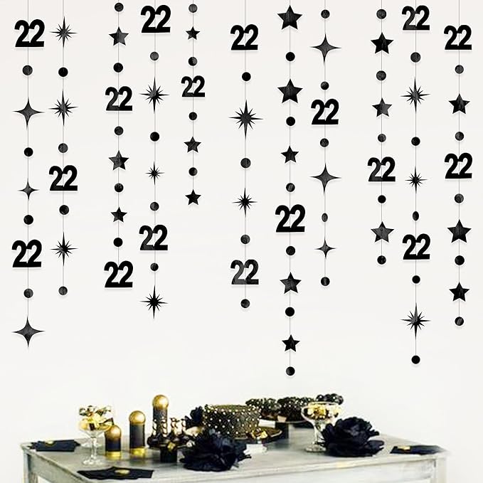 Black 22nd Birthday Decorations Number 22 Circle Dot Star Garland Streamer Bunting Banner Backdrop for Women Mens Feeling 22 Twenty Two Years Old Birthday Happy 22th Anniversary Party Supplies