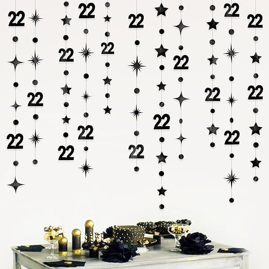 Black 22nd Birthday Decorations Number 22 Circle Dot Star Garland Streamer Bunting Banner Backdrop for Women Mens Feeling 22 Twenty Two Years Old Birthday Happy 22th Anniversary Party Supplies