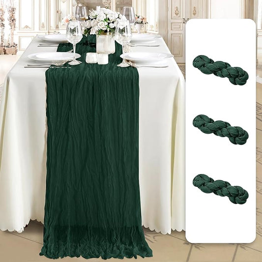 Cheesecloth Table Runner 3 Pack – 35x120 Inch (10ft) Boho Rustic Gauze Cloth Runners – Crinkle Polyester Table Decor for Wedding, Baby Shower, Bridal Shower, Birthday Party and More (Emerald Green)