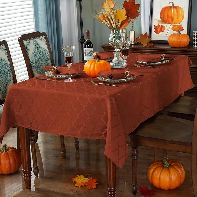 Jacquard Thanksgiving Tablecloth Square Flower Pattern Polyester Table Cloth Spill Proof Wrinkle Resistant Table Cover for Fall, Autumn, Harvest Decor (Square, 52" x 52" (4-6 Seats), Brick Red)