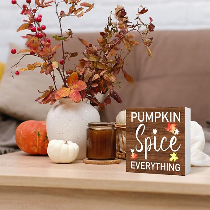 Funny Autumn Wood Box Sign Pumpkin Spice Everything Wooden Block Desk Decor for Home Office Kitchen Cubicle Table Shelf Tabletop,Farmhouse Fall Sign Decor
