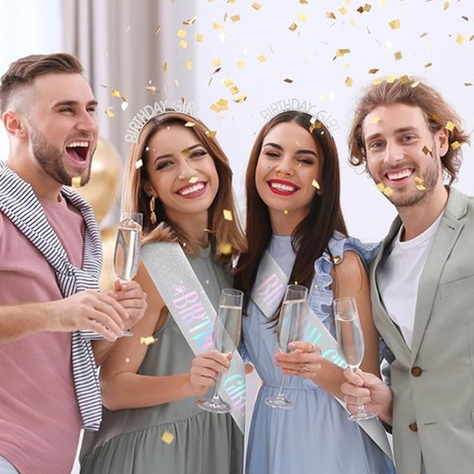 CAVETEE Birthday Girl Crown and Sash， Princess Tiara Happy Birthday Headband Party Accessories for Women and Girls