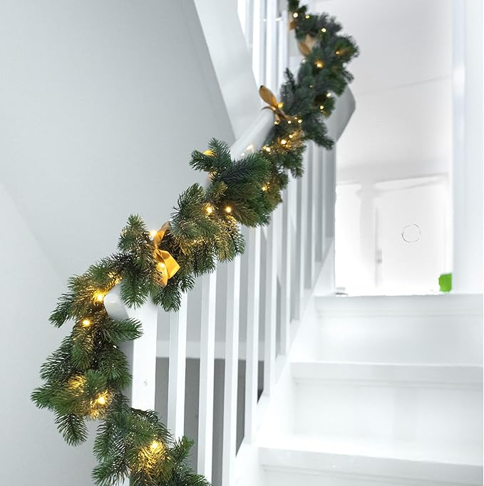 Christmas Garland with Lights 2PCS, 5.91Ft Lighted Garlands, Realistic Greenery Norfolk Pine,18 LED Lights Battery Powered, Timer Included Greenery Garland for Mantle Christmas Decorations