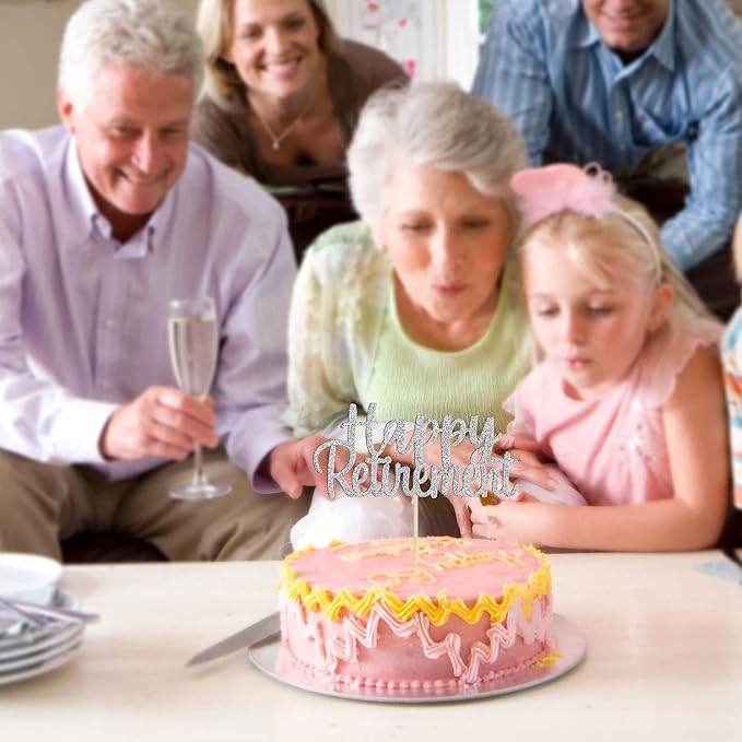 Gyufise Silver Happy Retirement Cake Topper Retirement Cake Decoration Picks for Retired Party Cake Decoration Party Supplies 1 Pack