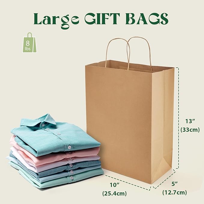 MESHA Gift Bags 10X5X13 Inch 100Pcs, Large Brown Paper Bags with Handles Bulk,Reusable Kraft Shopping Bag for Business Merchandise Retail Birthday Kids Party Favors