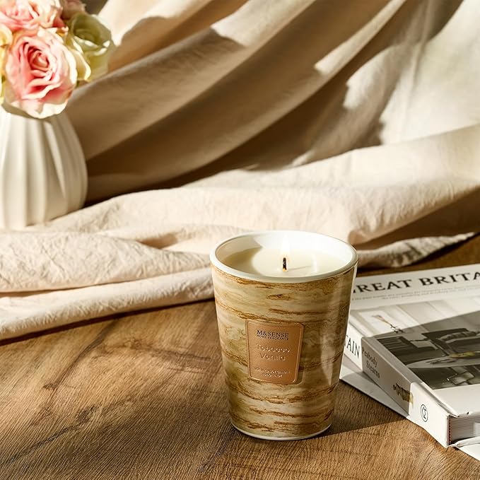 M&SENSE Tobacco Vanilla Scented Candles for Home, 3 Wick Highly Scented Jar Candle, 14.1 Oz 80H Long Lasting Burning Christmas Candle for Women, Aromatherapy Candles for Holiday Christmas Gift