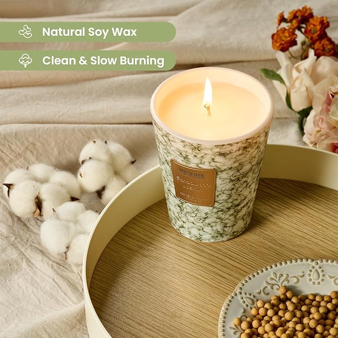 M&SENSE Sandalwood Jasmin Scented Candles for Home, 3 Wick Highly Scented Jar Candle, 14.1 Oz 80H Long Lasting Burning Christmas Candle for Women, Aromatherapy Candles for Holiday Christmas Gift