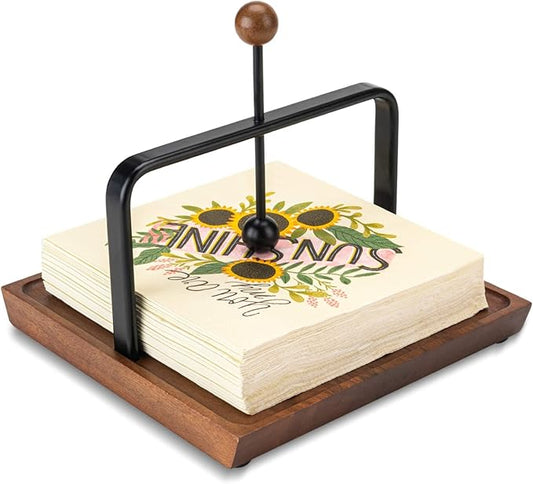 ALLCENER Wooden Napkin Holder for Table, Rustic Kitchen Decor for Counter, Cocktail Flat Napkin Holder with Weighted Arm and Handle for Kitchen, Hotel, Cafe, Bar