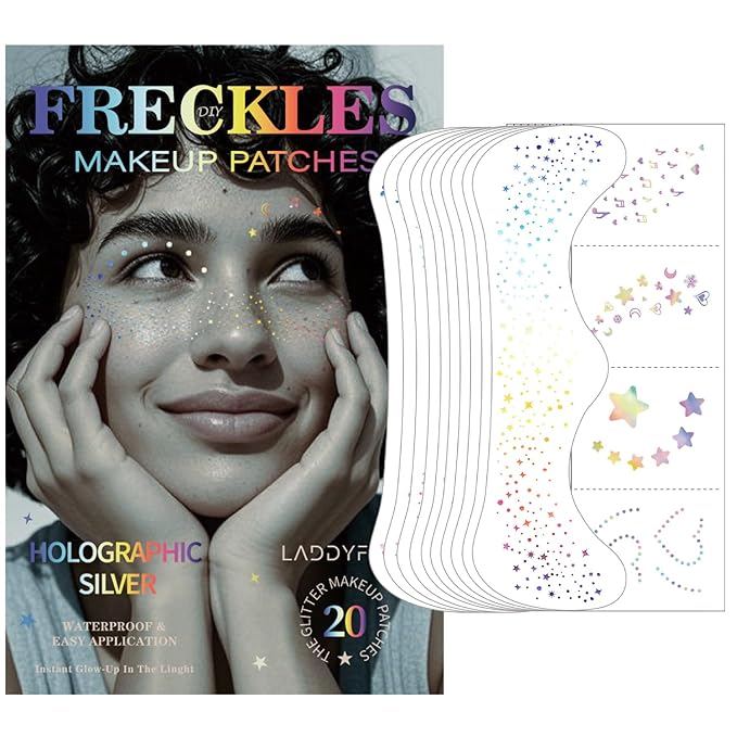 20 Pcs Face Temporary Tattoos, Holographic Multichrome Glitter Freckles Face Tattoo, Glitter Freckles, Holographic Laser Sparkle Makeup Patches, Waterproof Face Glitter Makeup Patches for Women