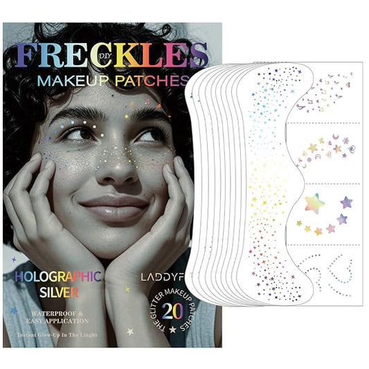 20 Pcs Face Temporary Tattoos, Holographic Multichrome Glitter Freckles Face Tattoo, Glitter Freckles, Holographic Laser Sparkle Makeup Patches, Waterproof Face Glitter Makeup Patches for Women