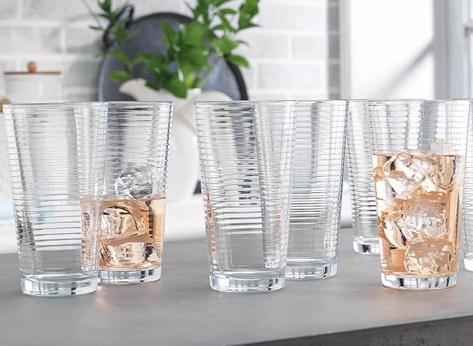 Glaver's Drinking Glasses Set of 10 Highball Glass Cups, Premium Quality 17 Oz. Coolers, Ribbed Glassware. Ideal for Water, Juice, Cocktails, and Iced Tea. Dishwasher Safe.