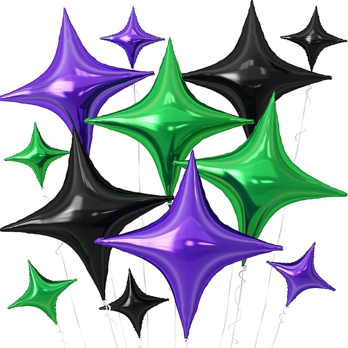 Black Green Purple Star Balloons,12Pcs Four Angle Star Foil Balloons,26Inch and 10Inch Black Green Quadrangle Helium Balloon for Halloween Birthday Baby Shower Anniversary Party Decorations