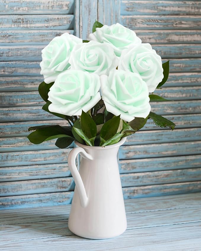 100Pcs Light Green Artificial Flowers Realistic Roses, Real Looking Fake Roses with Stem for DIY Wedding Bouquets Centerpieces Bridal Shower Party Home Romantic Decorations (Light Green, 100pcs)