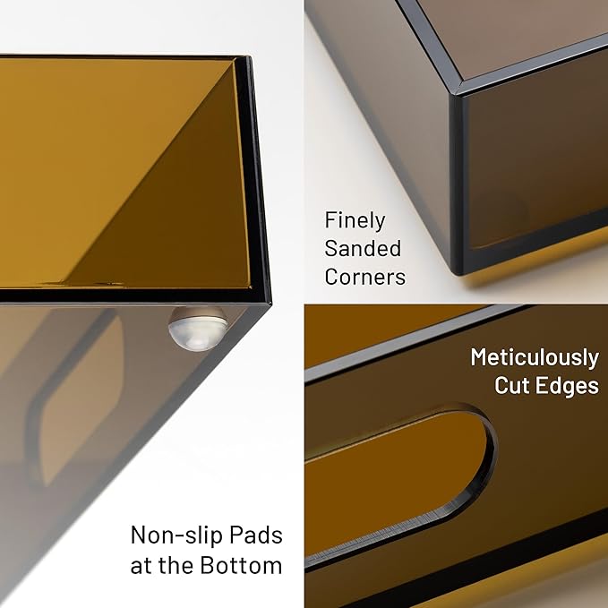 16"x12" Large Acrylic Serving Tray Decorative Ottoman Coffee Table Vanity Tray Tea Fruit Platter Snack Appetizer Dessert Drink with Handles for Bar Kitchen Party, Amber