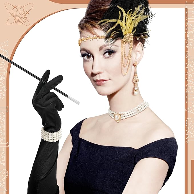 Maitys 1920s Accessories Set for Women Flapper Costume Feather Headband Necklace Bracelet Earrings