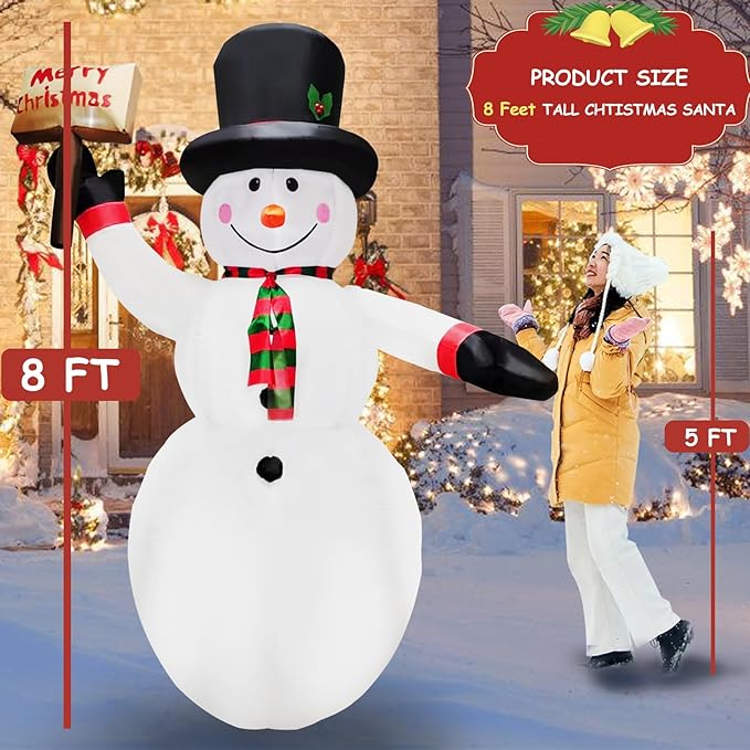 8FT Christmas Inflatables Snow Man Holding a Merry Christmas Sign Inflatable Christmas Outdoor Xmas Blow up Snowman with Built-in 4 LEDs Large Blow up Snowman for Outdoor、Indoor、Yard Party