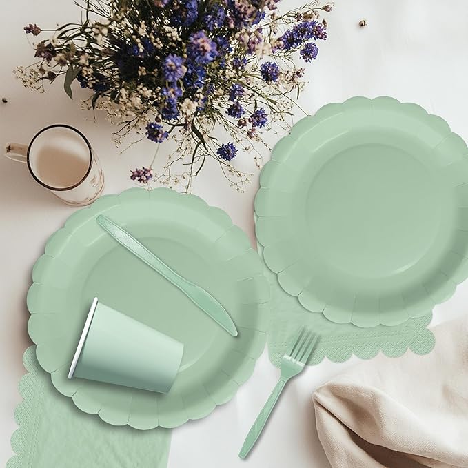 Sage Green Party Decorations Supplies Tableware, Light Green Paper Plates And Napkins, Tablecloth Printed Table Runner, Cutlery, for Birthday Baby Bridal Shower Wedding Anniversary, Serves 24