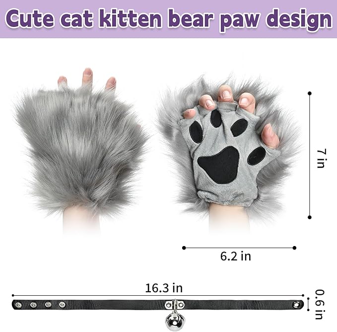BADALU Therian Cat Mask and Tail Set - Furry Fox Wolf Mask with Leather Choker and Faux Fur Tail - Halloween Cosplay Party