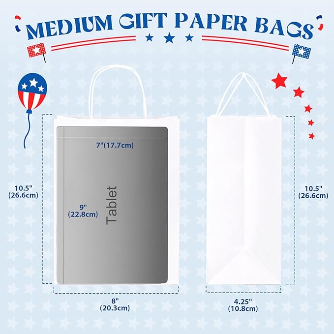 MESHA Gift Paper Bags 300 PACK 8x4.25x10.5'' White Medium Shopping Kraft Bags Bulk with HandlesReusable for Business Grocery Birthday Wedding Kids Party Favors(Made in USA)