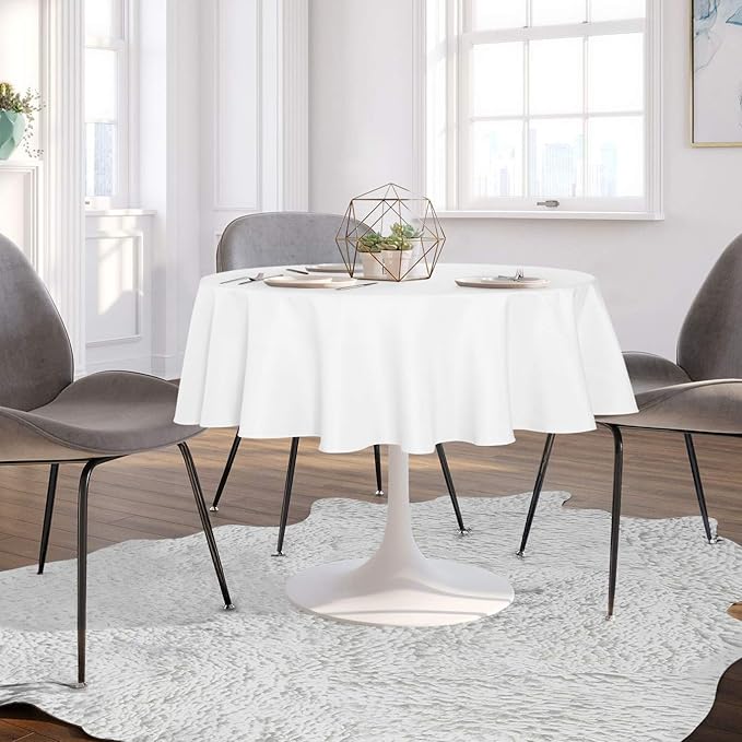 sancua Round Tablecloth - 48 Inch - Water Resistant Spill Proof Washable Polyester Table Cloth Decorative Fabric Table Cover for Dining, Buffet Parties and Camping, White(Fits 20-36 Inch Tables)