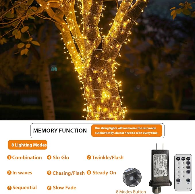 MEHOFOND 100ft 300 LED Christmas String Lights, 8 Lighting Modes Fariy LED String Lights, Timer Plug in Xmas Bday Wedding Party Decoration Outdoor Indoor Holiday Garden Decor (Warm White)(Connectable)