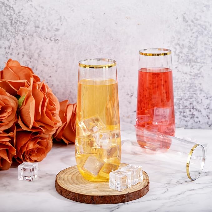SUT 36PCS Stemless Plastic Champagne Flutes, 9 Oz Gold Rim Clear Plastic Toasting Glasses Shatterproof Cocktail Cups Mimosa Cups Stemless Glass Glasses Disposable for Wedding Parties & Shower
