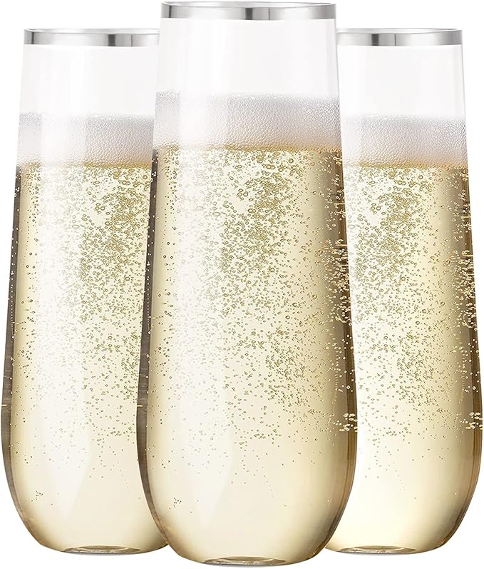 SUT 24PCS Silver Champagne Flutes Plastic, 9oz Stemless Plastic Champagne Glasses, Clear plastic Toasting Glasses With Silver Rim, Unbreakable, Shatterproof Mimosa Glasses, For Party,Shower