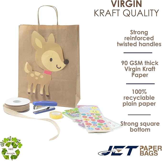 JET PAPER BAGS - 10”x5”x13” Inch [25 Pcs] Brown Paper Bags with Handles Prime for Takeout, Grocery, Goody, Retail, Party, Gifts, Weddings - Recyclable Kraft Paper Gift Bags with Handles