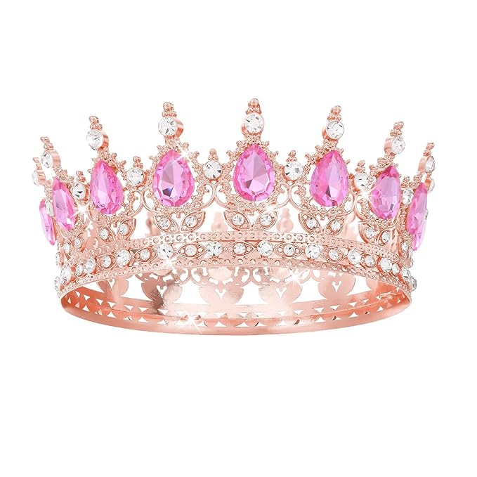Rose Pink Crown for Women Crystal Tiara and Queen Crown for Girl Wedding Headband for Bride Hair Accessories for Costume Birthday Party Cake Decoration Prom