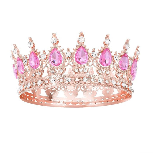 Rose Pink Crown for Women Crystal Tiara and Queen Crown for Girl Wedding Headband for Bride Hair Accessories for Costume Birthday Party Cake Decoration Prom
