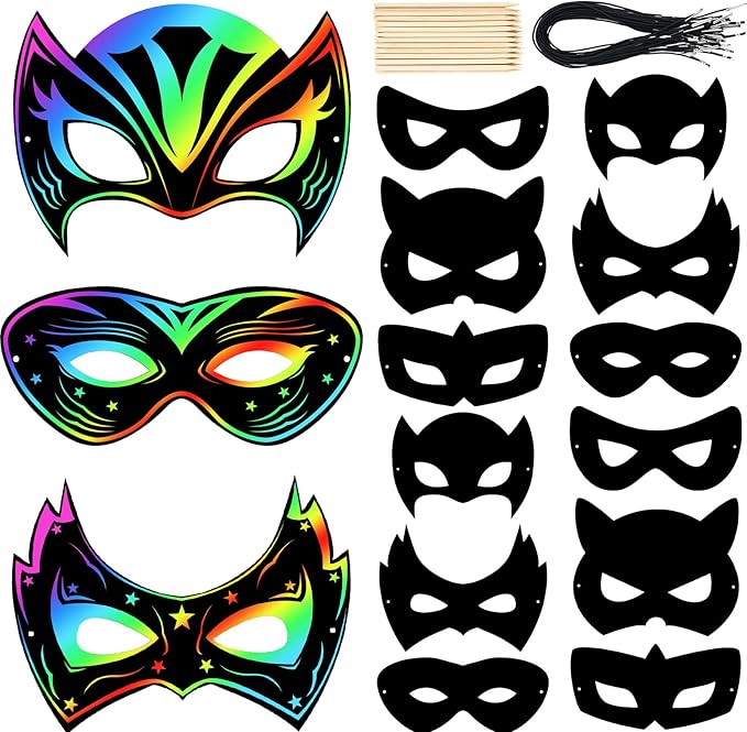 Deekin Mardi Gras Scratch Masks for Kids, Mardi Gras Crafts Rainbow Hero DIY Masks Craft Kit for Dress up Party Favor