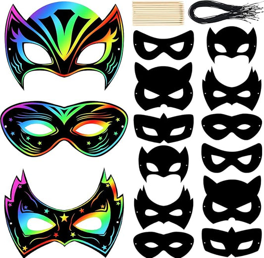 Deekin Mardi Gras Scratch Masks for Kids, Mardi Gras Crafts Rainbow Hero DIY Masks Craft Kit for Dress up Party Favor