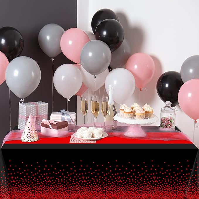 MASHAN 6Pcs Black and Red Tablecloth Party Decorations,Plastic Black Table Cloth Printed Red Table Runner Disposable Rectangle Cover for Birthday Weeding Anniversary Graduation Party,54 x108 Inch