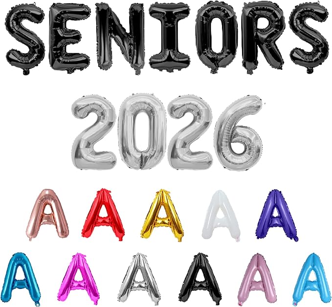 BALLOON VIBE Seniors 2026 Balloons - High School College Seniors Decorations Balloons - 2026 Banner for Graduation Party Decor Foil Letters with Ribbon, Straws & Adhesive Dots