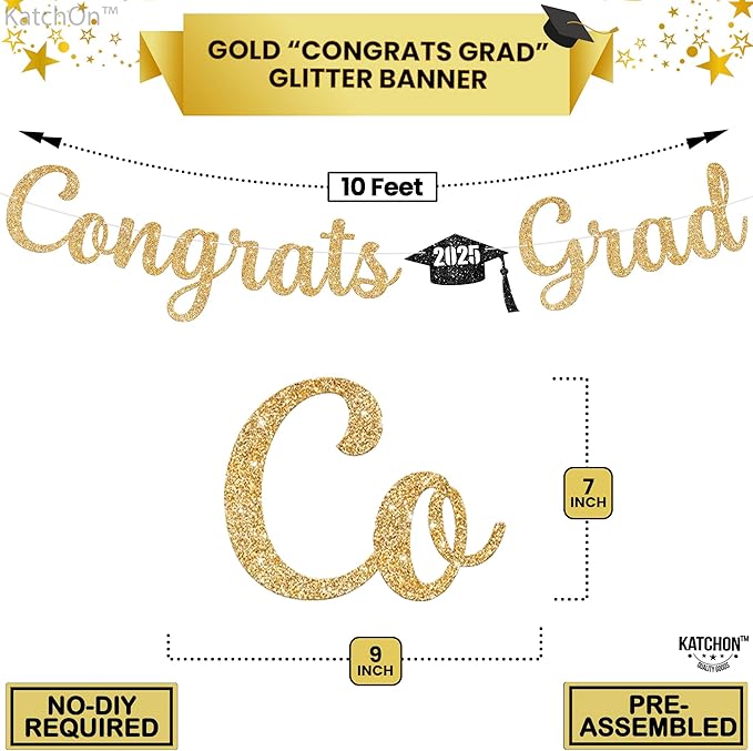 KatchOn, Glitter Gold Congrats Graduation Banner Class of 2025 - No DIY, 10 Feet | Pre - Strung Gold Grad Decorations | Congratulations Banner for Graduation Decorations 2025
