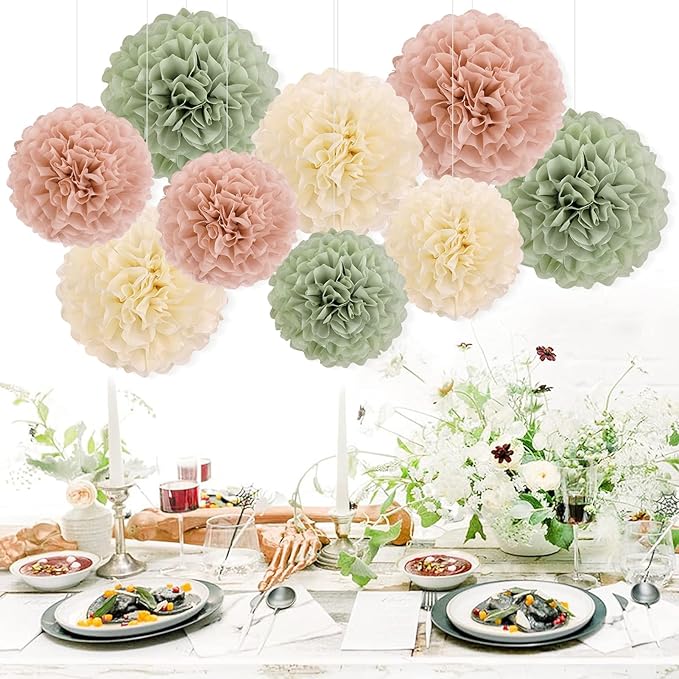 EASY JOY Sage Green Tissue Pom Poms Paper Flowers Decorations Natural Green Boho Hanging Décor for Safari Jungle Party Bridal Shower Baby Shower Home Decor Nursery Birthday Backdrop 15PCS
