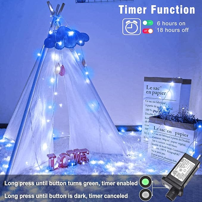 String Lights for Bedroom, 165FT 500 LED Christmas Lights Outdoor Indoor Waterproof 8 Modes, Plug in Fairy Twinkle Lights for Xmas Garden Tree House Decorations, Blue White