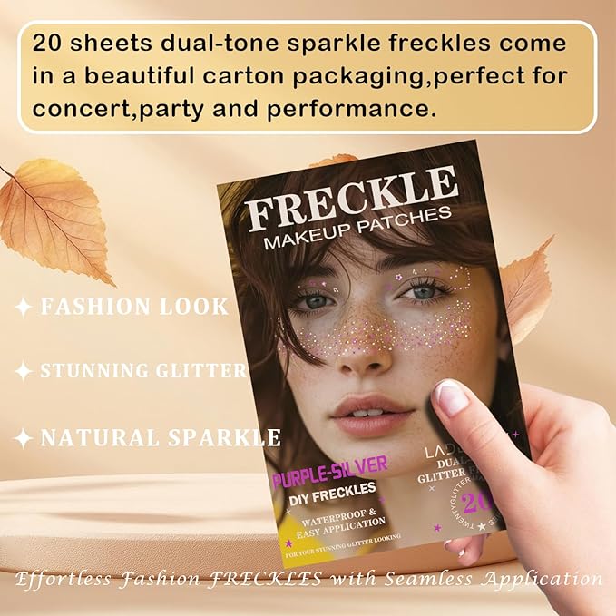 20 Pcs Purple and Silver Face Makeup Patches, Purple-silver Glitter Freckles, Halloween Glitter Freckles Face Tattoo, Waterproof Face Temporary Tattoos, Long-Lasting 48h Freckles for Women