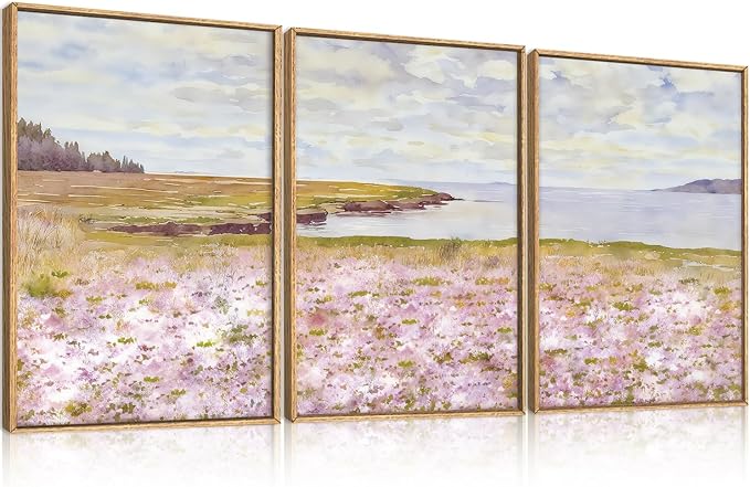 HOURIA Pink Wildflower Coastal Landscape Framed Canvas Wall Art Set,Green Meadow Field Wall Decor,Watercolor Beach Wall Painting,Modern Seaside Wall Decor for Living Room, Bedroom, Farmhouse-16"x24"x3