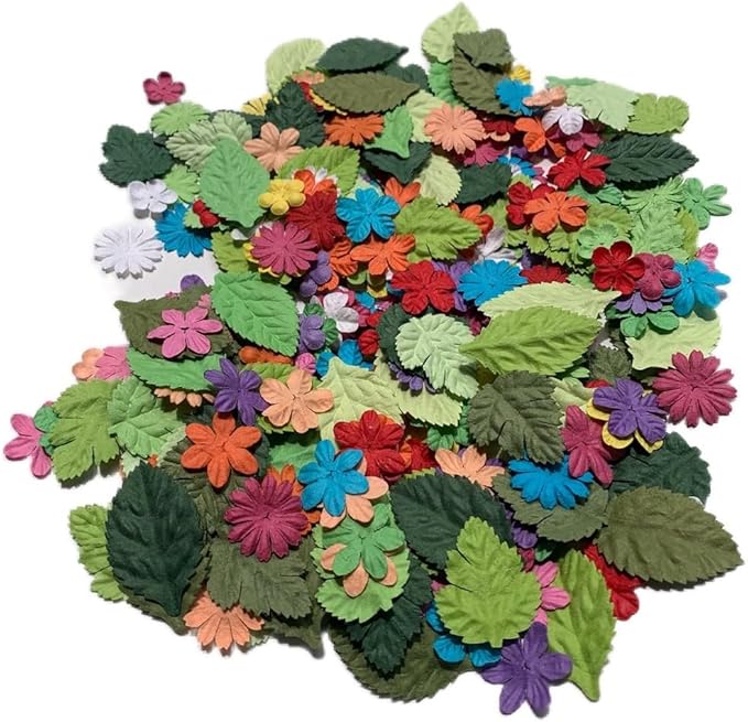 200 Pcs Handmade Mixed Mulberry Paper Flowers Petals and Leaves Scrapbooking Wedding DIY Craft Supplies Card (10 Colors Flowers/Green Tone Leaves)