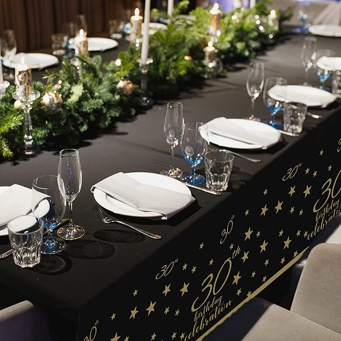Gatherfun 30th Birthday Disposable Tablecloth 4 Pack Gold and Black Waterproof Plastic Table Cover for Men Woman 30 Birthday Party Decorations